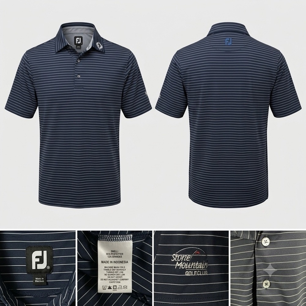 FootJoy Navy Blue Striped Golf Polo Shirt Stone Mountain Golf Club Mens Medium